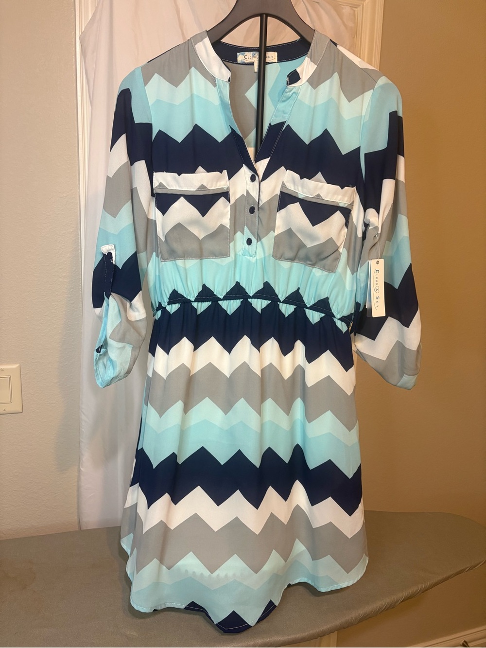 NWT Cloud & Sky Chevron Shirtdress in Navy, Light Blue & Gray